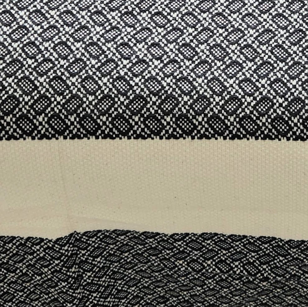 These Turkish throws have a stylish complex weave and are suited to use indoors and outdoors The incredibly soft hand-feel of these throws is truly luxurious! They are woven in a reversible black pattern and have a creme border complementing creme, and hand-spun tassels on the top and bottom edges. Large Throw: 55 inches X 78 inches 100% Turkish cotton