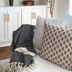 These Turkish throws have a stylish complex weave and are suited to use indoors and outdoors The incredibly soft hand-feel of these throws is truly luxurious! They are woven in a reversible black pattern and have a creme border complementing creme, and hand-spun tassels on the top and bottom edges. Large Throw: 55 inches X 78 inches 100% Turkish cotton